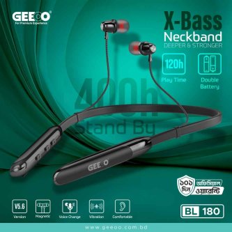 Image of GEEOO BL180 X-Bass Clear Sound Neckband – 120H Playtime, Double Battery, Bluetooth V5.6