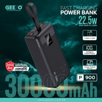 Image of GEEOO P900 22.5W Fast Charging Power Bank 30000mAh | Built-in Type-C & Lightning | Digital Display